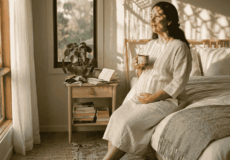 Mulher grávida depois dos 40 anos com mãos na barriga em luz natural quente